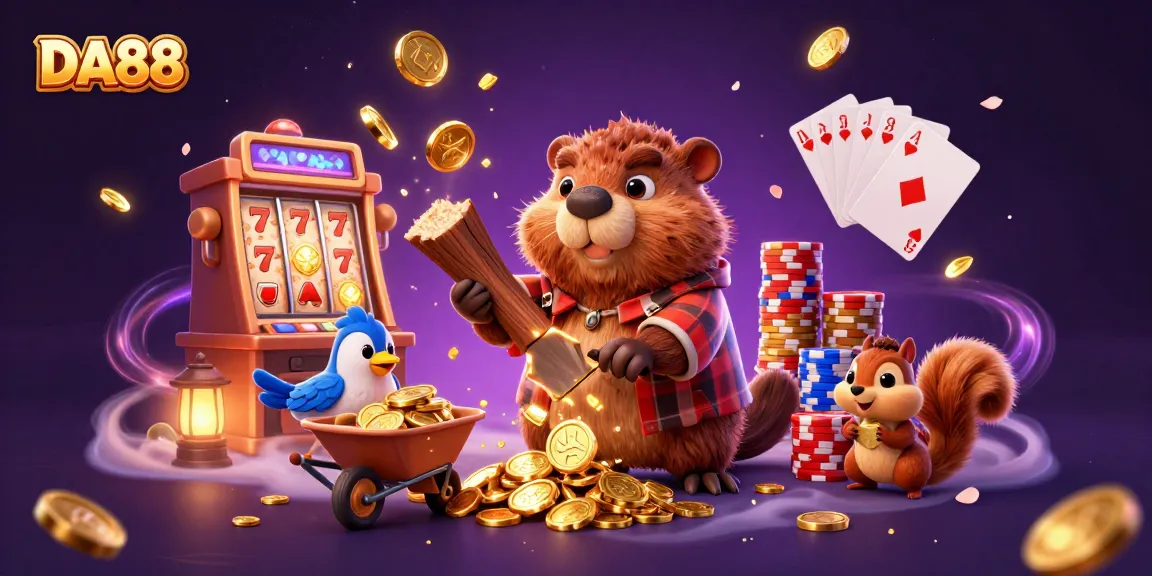 DA88 sparks excitement with a cartoon beaver and friends collecting golden treasures in a lively casino scene.
