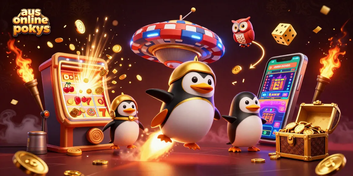 Play aus online pokies with golden penguin flying towards a casino, surrounded by jackpots and colorful games.