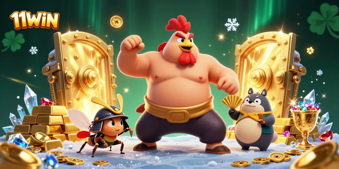 Join the 11WIN adventure with a dynamic casino-themed illustration showcasing thrilling characters.