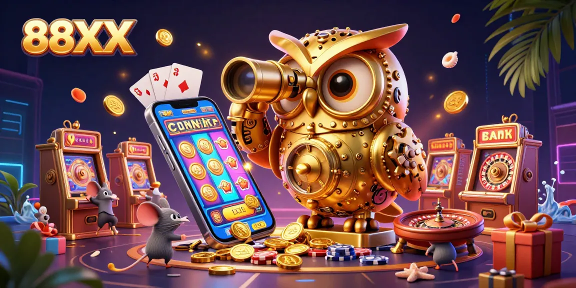 Experience excitement at 88XX with a clockwork owl overseeing the bustling casino floor.