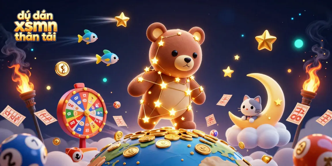 Dự đoán xsmn thần tài showcasing a golden constellation bear scooping coins among vibrant lottery elements, enhancing your gaming experience.