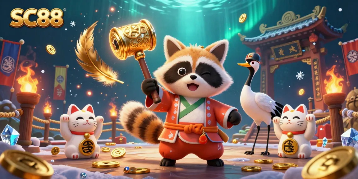 Join SC88's thrilling 3D scene, featuring a tanuki and samurai crane among casino elements.
