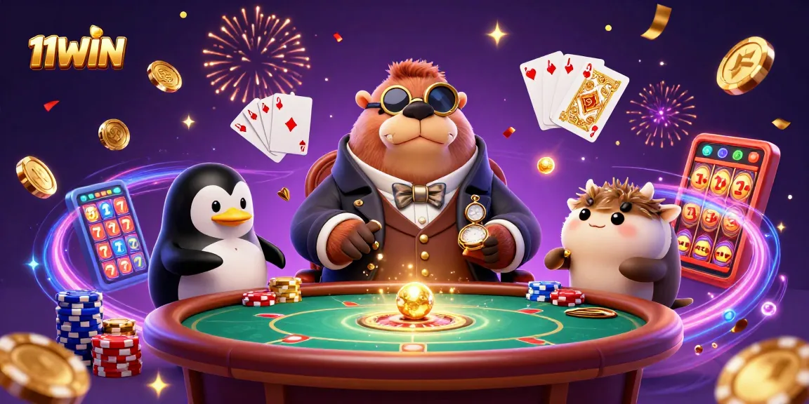 Experience high-stakes gameplay with 11WIN's whimsical characters in a vibrant casino atmosphere.