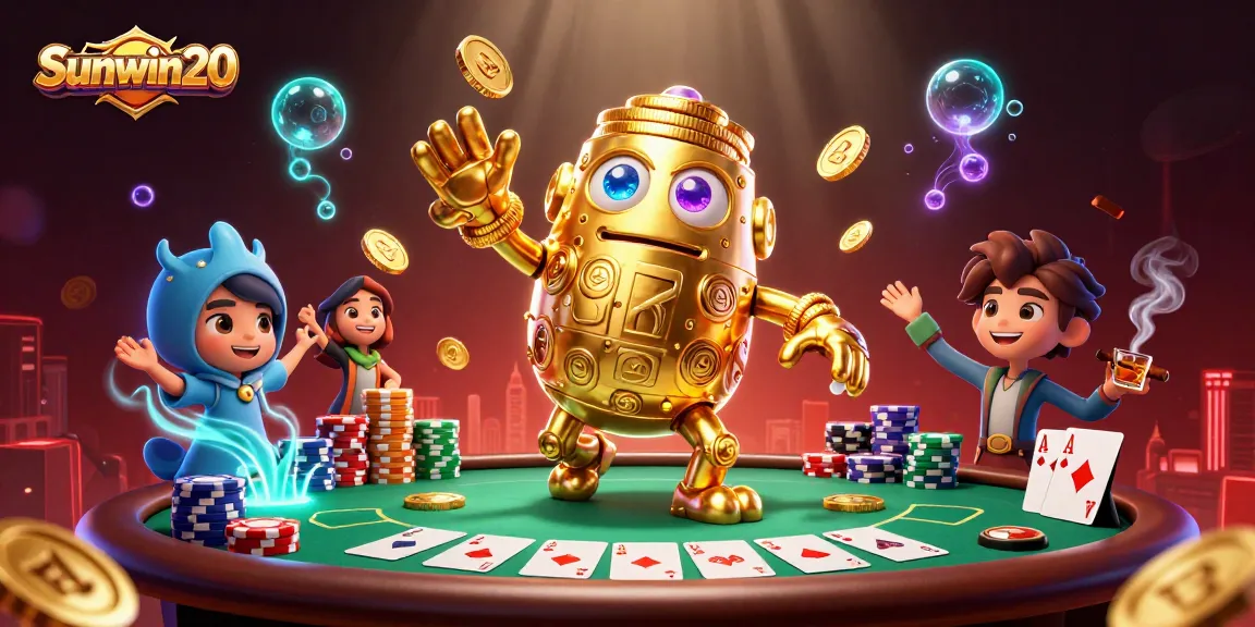 Spin the reels and win with Sunwin20, featuring a golden golem and vibrant poker scene.