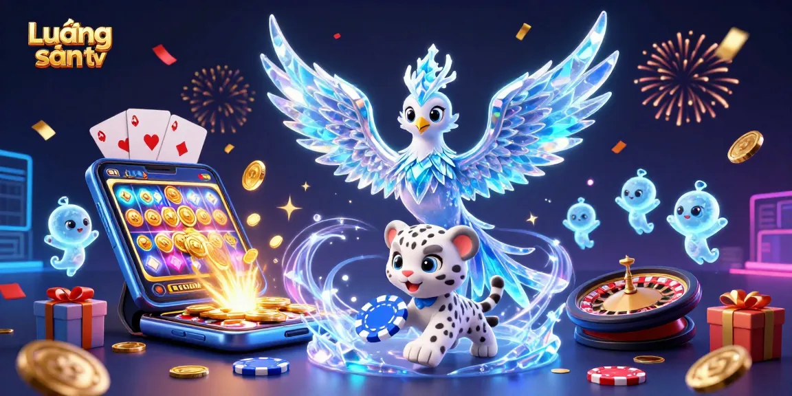 Lương sơn tv features a playful snow leopard cub and shimmering ice phoenix amidst vibrant casino elements to engage players.