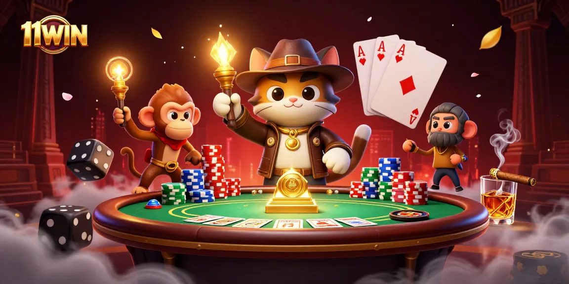 11WIN ignites excitement as a cat archaeologist uncovers casino treasures amidst vibrant action.