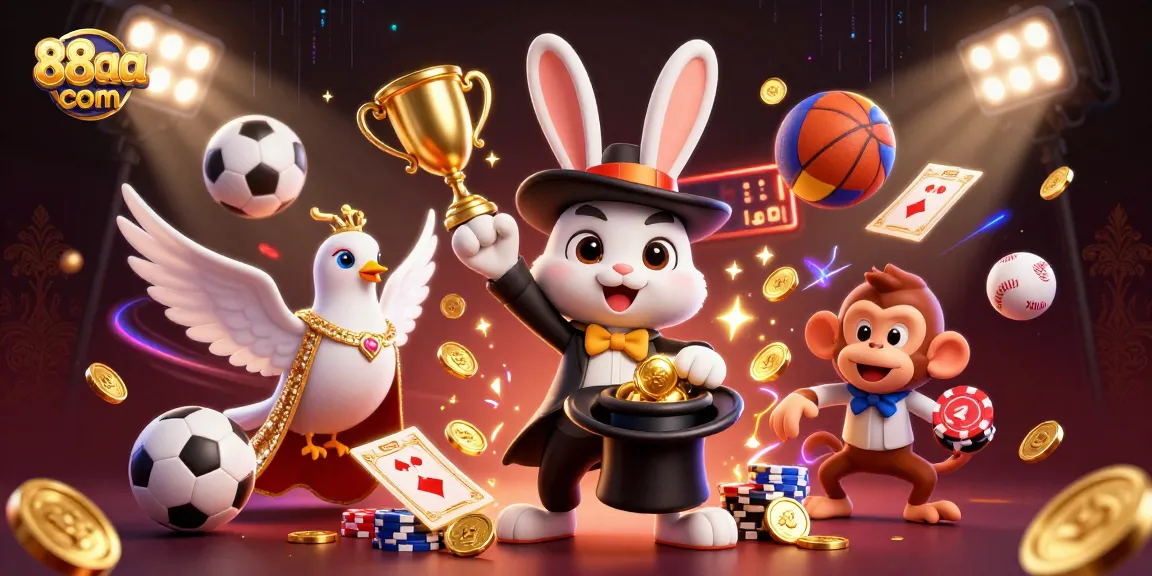 Experience thrilling gameplay at 88aa com with a magical scene featuring a rabbit, dove, and monkey amid sports elements.