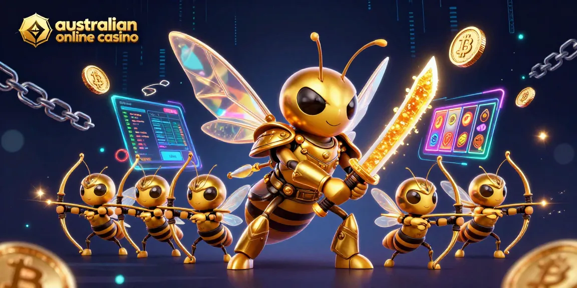 Engage with the australian online casino through a colorful 3D illustration featuring a golden hornet in samurai armor and crypto elements.