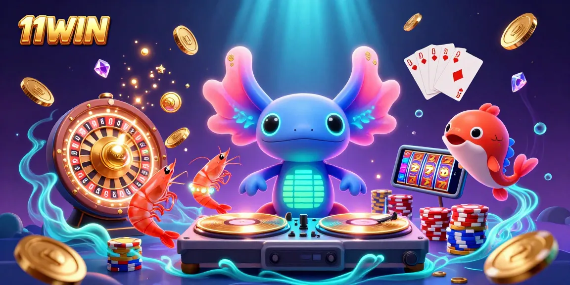 Engage in the vibrant underwater world of 11WIN with a colorful axolotl DJ spinning casino fun.