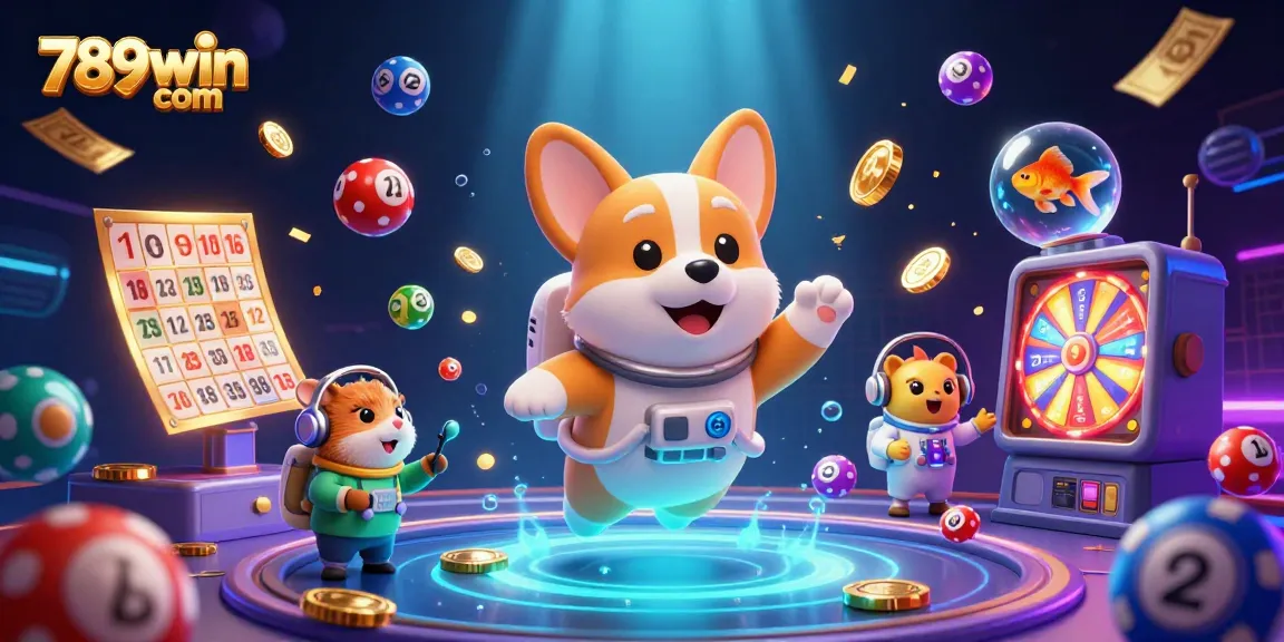 Engage with thrilling games at 789win com as the amusing astronaut corgi floats in a vibrant casino scene.