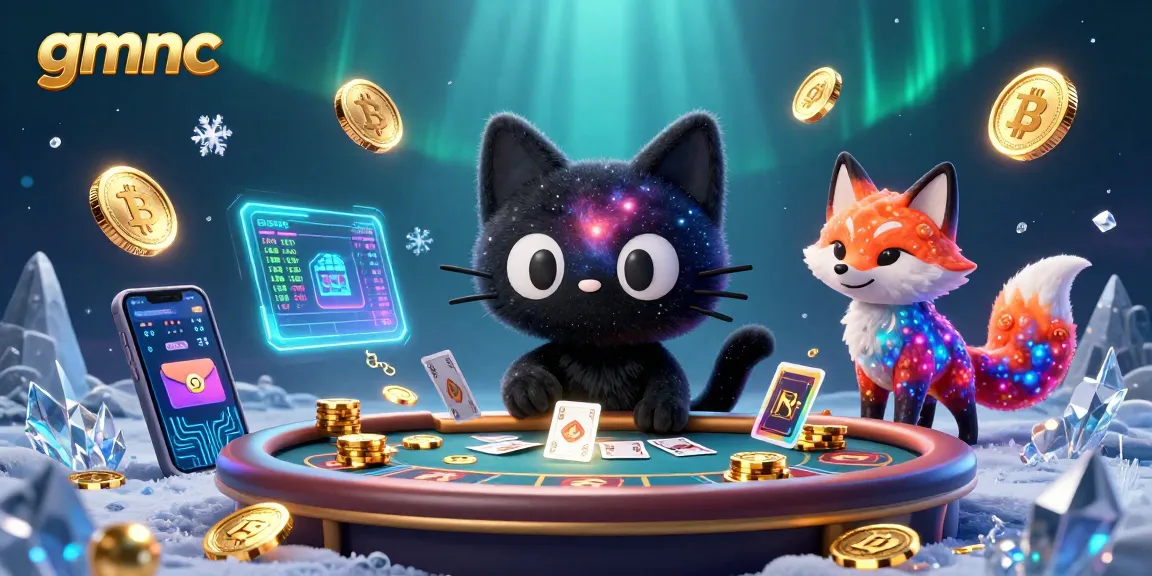 gmnc showcases a cosmic casino scene with a black hole cat and colorful gas cloud fox capturing golden chips.