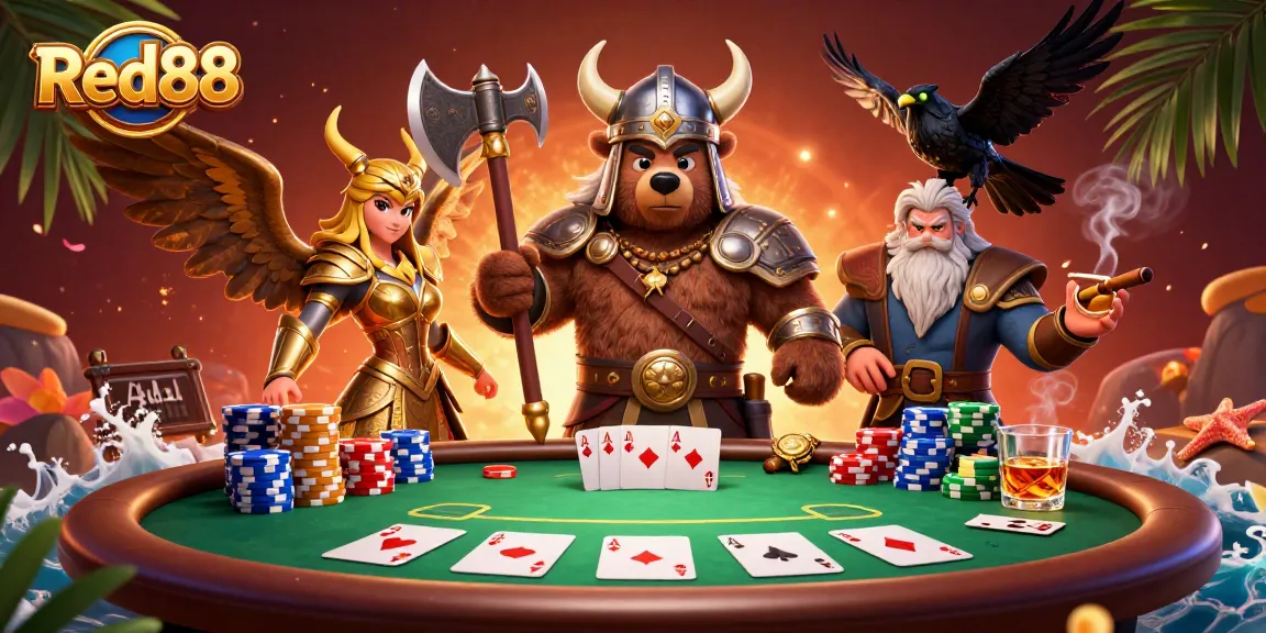Engage in thrilling poker at Red88 while surrounded by a Viking bear and Valkyrie eagle in an epic casino setting.