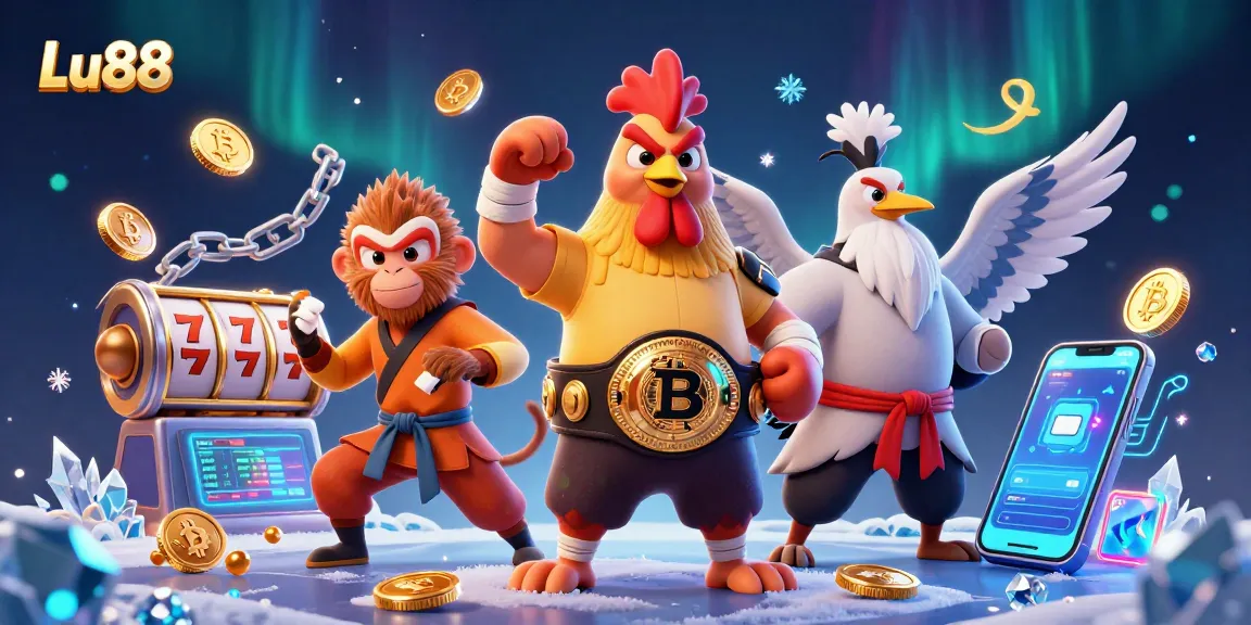 Play thrilling games at Lu88 featuring slot reels, a Muay Thai rooster, and a Shaolin monkey in action.