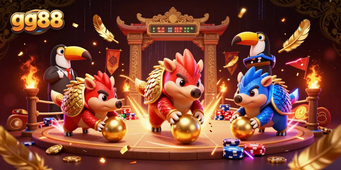 Engage with gg88's dynamic gaming scene featuring rival pangolins in a vibrant casino atmosphere.