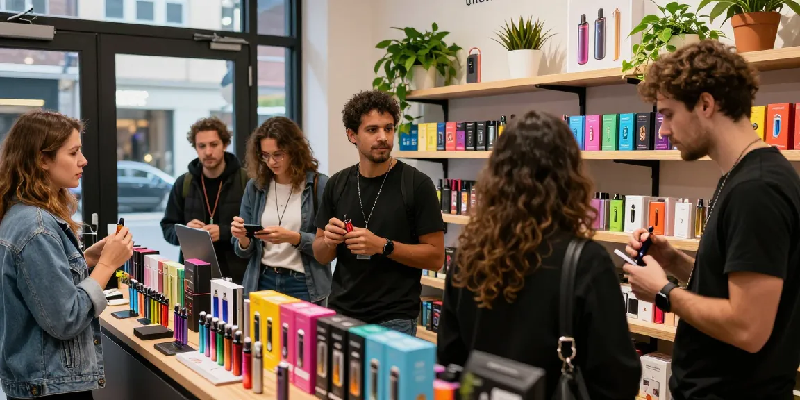 Explore top disposable vapes in USA with shoppers discussing flavors and brands in a modern vape shop.