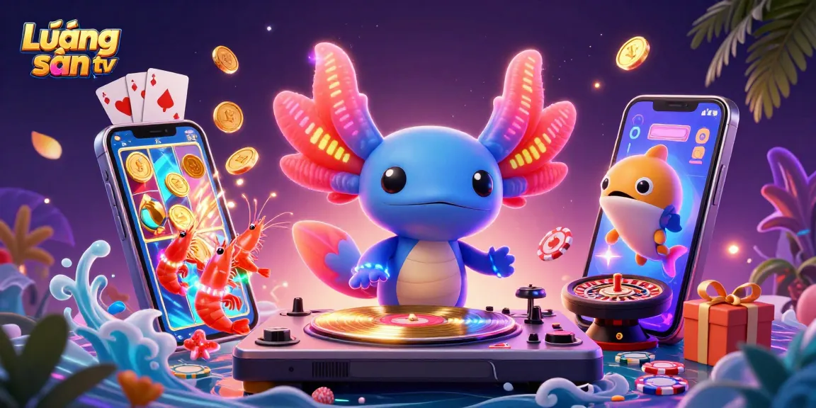 Lương sơn tv showcases vibrant gambling elements with an energetic axolotl DJ and interactive gaming experience.