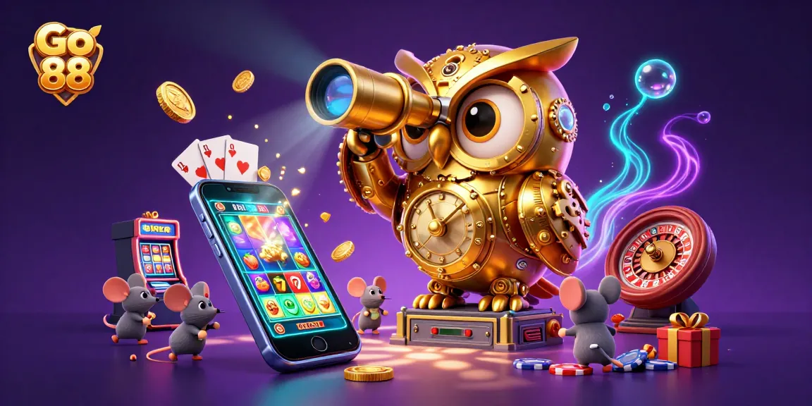 Experience thrilling gaming at Go 88 with a dynamic illustration of a golden owl overseeing a vibrant casino floor.