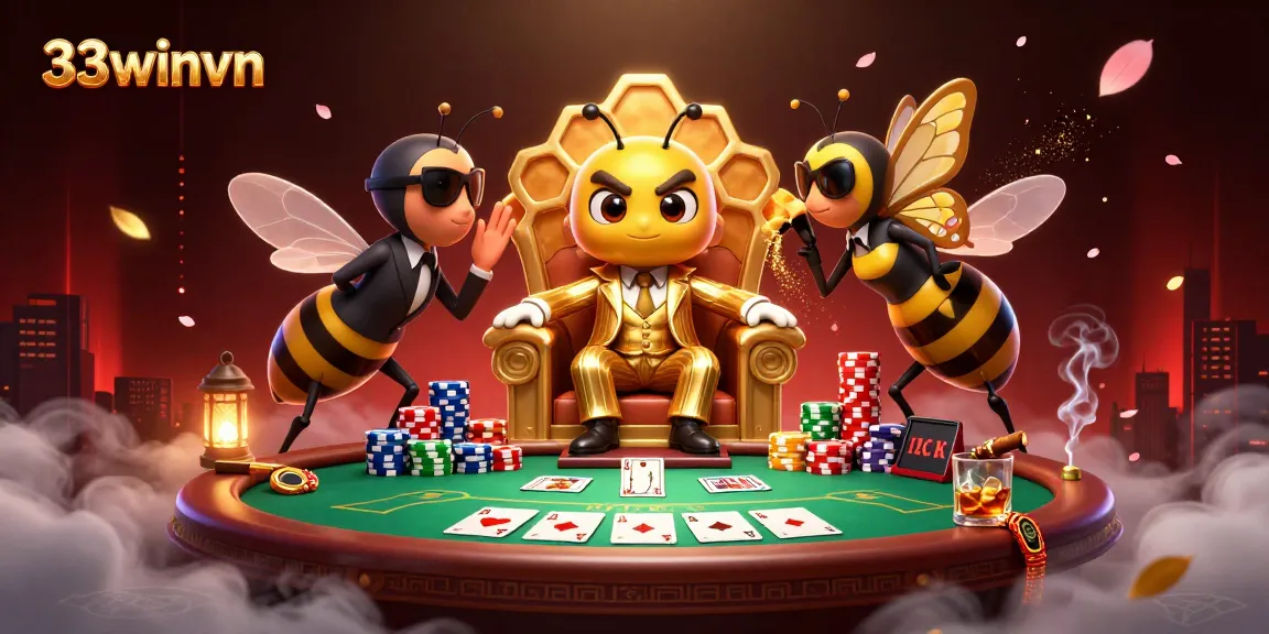 Experience excitement with 33winvn as the cartoon mob boss rules the poker table surrounded by action.