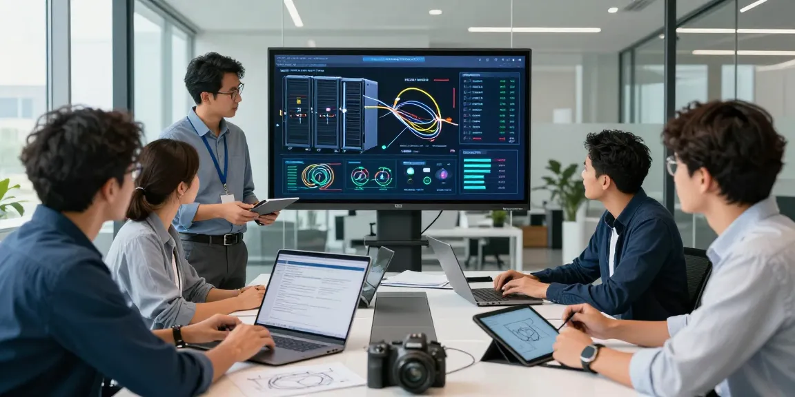 Engineers collaborating on fiber optic solutions in a modern workspace, showcasing high-tech equipment and teamwork.