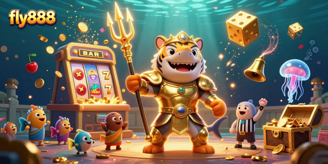 Experience thrilling gameplay at fly888 with a vibrant underwater casino scene featuring a tiger shark and dynamic slot machine action.