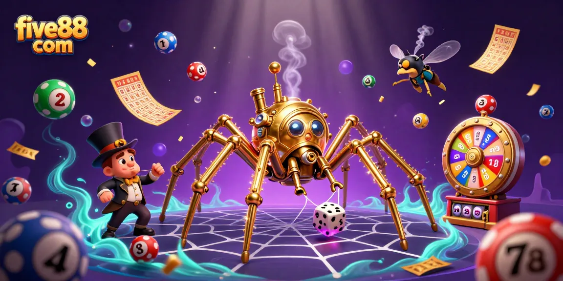 Engage with exciting gaming at five88 com, as colorful lottery elements dance around a lively spider web.