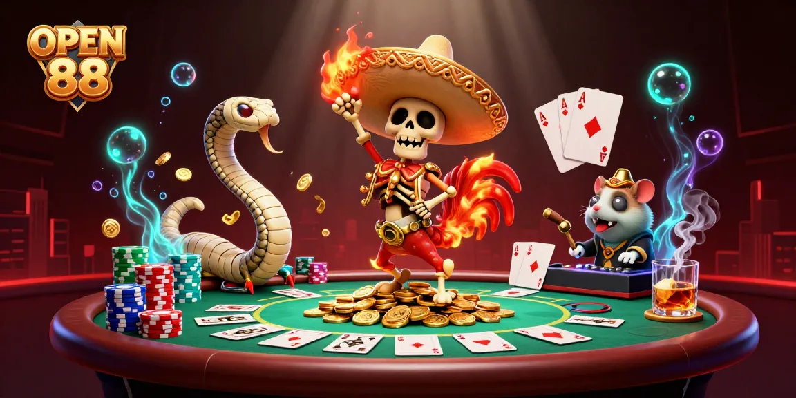 Experience the excitement of OPEN 88 with dynamic characters, poker games, and vibrant casino elements.