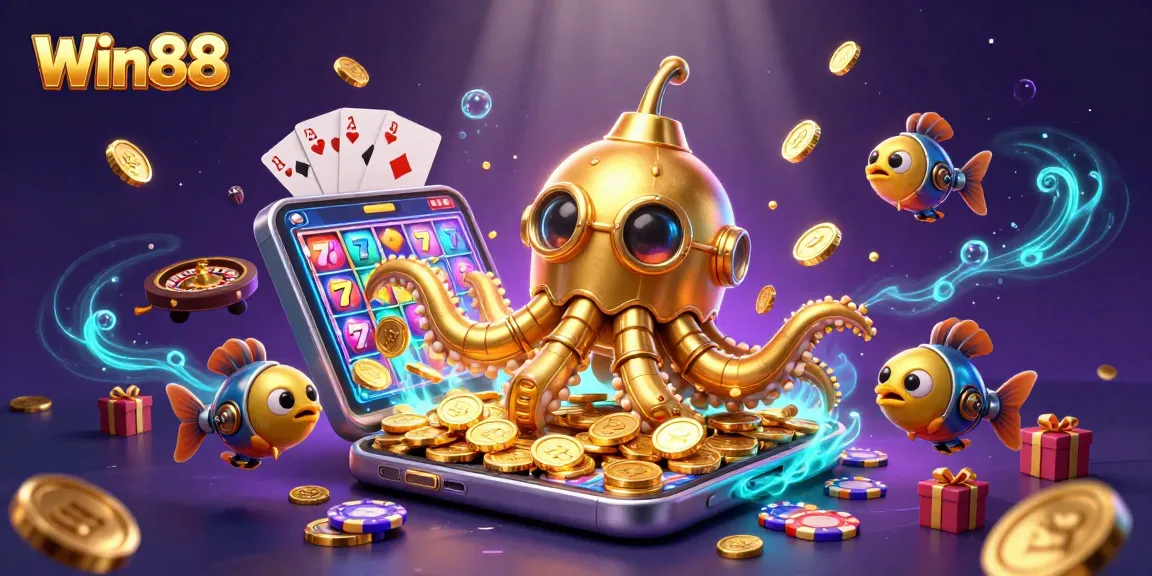 Win88 kraken submarine surfacing in golden coins, showcasing thrilling casino elements.
